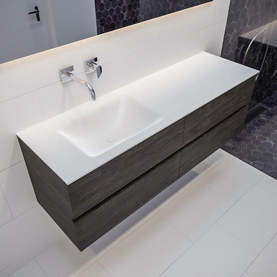 Mondiaz VICA ensemble de meuble de salle de bain - 150cm - meuble sous-vasque marron foncé - 4 tiroirs - lavabo CLOUD gauche sans trous de robinet - version XL 60cm de haut