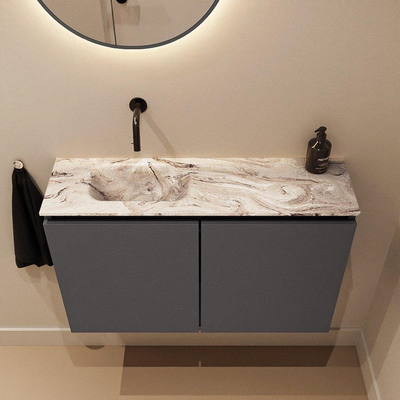 MONDIAZ TURE-DLUX Meuble toilette - 80cm - Dark Grey - EDEN - vasque Glace - position gauche - sans trou de robinet