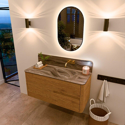 Mondiaz CIRO-DLUX Meuble de salle de bains - 110x45x50cm - Plan-vasque solid surface Sombra - 1 vasque à droite - sans trous de robinetterie - 2 tiroirs - Chêne