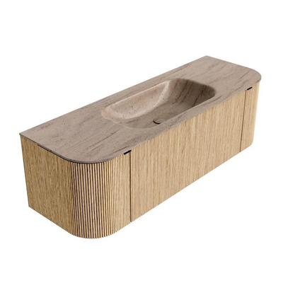 MONDIAZ KURVE-DLUX Meuble de salle de bains 140cm arrondi Gauche + Droite couleur Chêne avec 1 tiroir et 2 portes. Lavabo BIG SMALL Central sans trou de robinet Saba.