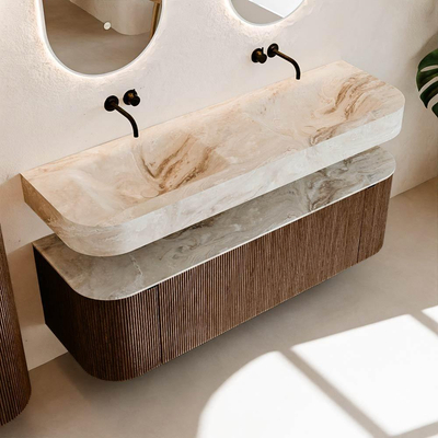 MONDIAZ THOR-DLUX 150cm meuble de salle de bains arrondi gauche + droite couleur Walnut avec 1 tiroir et 2 portes. Vasque suspendue CLOUD Double sans trou de robinet couleur Frappe.