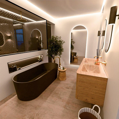 Mondiaz CIRO-DLUX Ensemble de meubles de salle de bains - 140x45x50cm - lavabo solid surface Saba - 2 vasques double - sans trous de robinet - 4 tiroirs - Chêne