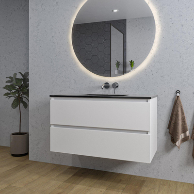 Saniclass Chaci Meuble de salle de bain - 100x46x55cm - lavabo en céramique noir - 1 vasque - sans trous de robinet - 2 tiroirs - ronde miroir avec éclairage - blanc mat