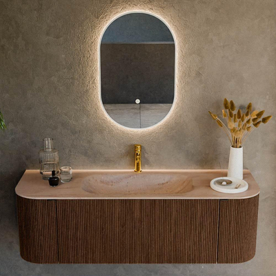 MONDIAZ KURVE-DLUX Meuble de salle de bains 140cm courbure Gauche + Droite couleur Walnut avec 1 tiroir et 2 portes. Lavabo BIG SMALL Central 1 trou de robinet Saba.