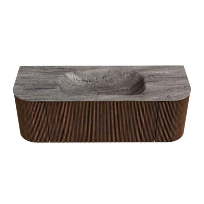 MONDIAZ KURVE-DLUX 130cm badmeubel ronding Links + Rechts kleur Walnut met 1 lade en 2 deuren. Wastafel BIG SMALL Midden 1 kraangat Oza.