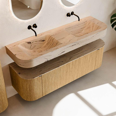 MONDIAZ THOR-DLUX 150cm badmeubel ronding links + rechts kleur Oak met 1 lade en 2 deuren. Vrijhangende wastafel CLOUD Dubbel zonder kraangat kleur Arena.