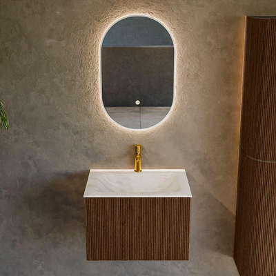 MONDIAZ KURVE-DLUX 60cm badmeubel kleur Walnut met 1 lade. Wastafel CLOUD midden 1 kraangat kleur Ostra.