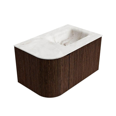 MONDIAZ KURVE-DLUX meuble de salle de bains 75cm avec module 25 L couleur Walnut avec 1 tiroir et 1 porte. Lavabo GRUNNE à droite sans trou de robinet couleur Frappe.
