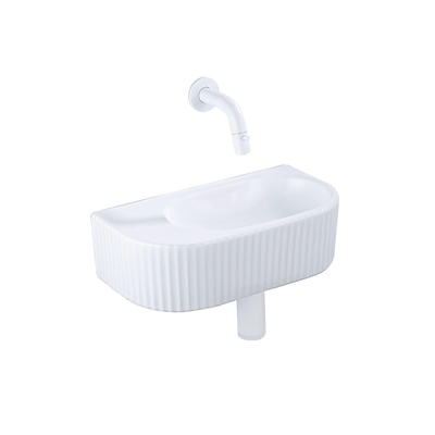 QeramiQ Fuente pack lave-mains – demi-rond – 40 x 21,5 x 12 cm – céramique blanc brillant – robinet blanc mat – cannelé