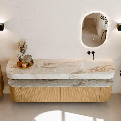 MONDIAZ THOR-DLUX 200cm meuble de salle de bains arrondi gauche + droite couleur Chêne avec 2 tiroirs et 2 portes. Vasque suspendue CLOUD Droite sans trou de robinet couleur Frappe.
