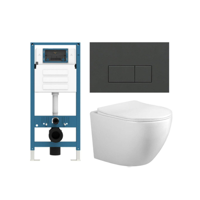 Adema Salina 2.0 Ensemble WC - 48.5x36x32cm - fond profond - sans rebord de rinçage - réservoir encastré QeramiQ - softclose - quickrelease - abattant WC - plaque de commande en plastique anthracite mat - boutons rectangulaires - blanc