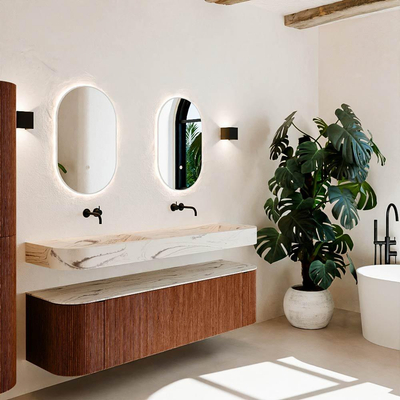 MONDIAZ THOR-DLUX 170cm meuble de salle de bains arrondi gauche + droite couleur Ruby avec 1 tiroir et 2 portes. Vasque suspendue CLOUD Double sans trou de robinet couleur Nata.