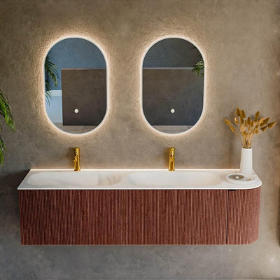 Ensemble de meuble de salle de bain Mondiaz KURVE - 165x46x40cm - 2 tiroirs - 1 porte - lavabo en solid surface - double / gauche - 2 trous de robinet - Ruby