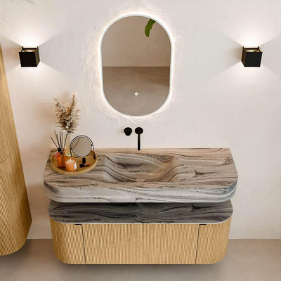 MONDIAZ THOR-DLUX 130cm badmeubel ronding links + rechts kleur Oak met 1 lade en 2 deuren. Vrijhangende wastafel CLOUD Midden zonder kraangat kleur Sombra.