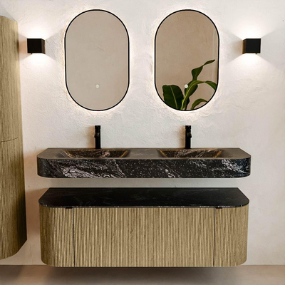 MONDIAZ THOR-DLUX 140cm meuble de salle de bains arrondi gauche + droite couleur Dusk avec 1 tiroir et 2 portes. Vasque suspendue CLOUD Double 2 trous de robinet couleur Lava.