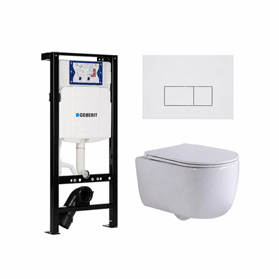 QeramiQ Dely Swirl Toiletset - 36.3x51.7cm - Geberit UP320 plieger inbouwreservoir - slimzitting - glans witte bedieningsplaat - rechthoekige knoppen - mat wit