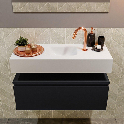 MONDIAZ ANDOR Toiletmeubel - 80x30x30cm - 1 kraangat - 1 lades - urban mat - wasbak midden - Solid surface - Wit