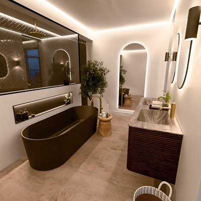 Mondiaz CIRO-DLUX Ensemble de meubles de salle de bains - 150x45x50cm - Plan-vasque solid surface Sombra - 2 vasques double - 2 trous de robinetterie - 4 tiroirs - Noyer