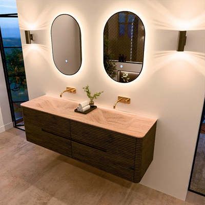 Mondiaz CIRO-DLUX Badkamermeubelset - 160x45x50cm - Solid surface wastafel Saba - 2 wasbak Dubbel - zonder kraangaten - 4 lades - Shadow