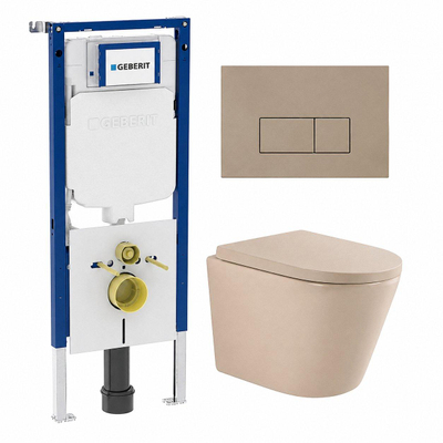 QeramiQ Dely Toiletset - 36.3x51.7cm - diepspoel - rimless - Geberit UP720 inbouwreservoir - softclose toilet zitting - 35mm - bedieningsplaat taupe - rechthoekige knoppen - mat beige