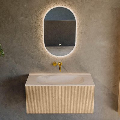 MONDIAZ KURVE-DLUX Meuble de salle de bains 90 cm couleur Oak avec 1 tiroir et 0 porte. Lavabo BIG SMALL Milieu sans trou de robinet Meli.