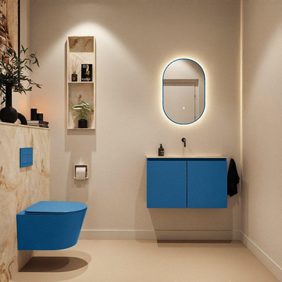 MONDIAZ TURE-DLUX Meuble toilette - 80cm - Jeans - EDEN - vasque Frappe - position centrale - sans trou de robinet