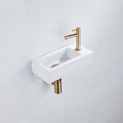 QeramiQ Lave-mains Kit lave-mains - 37.5x18.5x9cm - céramique - trou de robinet à droite - robinet lave-mains en laiton brossé - bonde de vidage - siphon abaissé - Blanc brillant