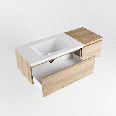MONDIAZ BUKLA Meuble de salle de bains 120 cm avec module 40 couleur Chêne lavé avec 2 tiroirs. Lavabo CLOUD gauche 1 trou de robinet couleur Talc.