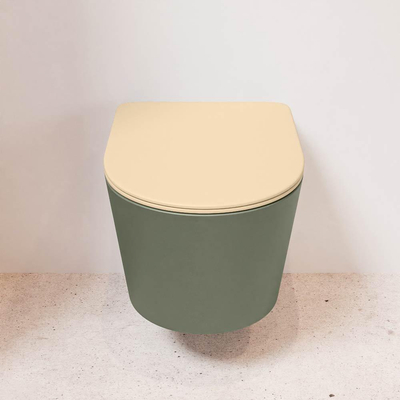 Mondiaz LAVIE hangtoilet – spoelrandloos – 36 x 53 cm – met softclose zitting – Army (groen), zitting Sand (beige)