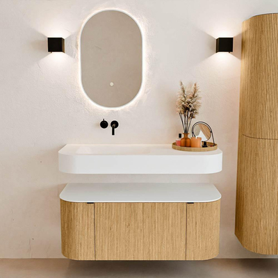 MONDIAZ THOR 110cm badmeubel ronding links + rechts kleur Oak met 1 lade en 2 deuren. Vrijhangende wastafel CLOUD Links zonder kraangat kleur Talc.