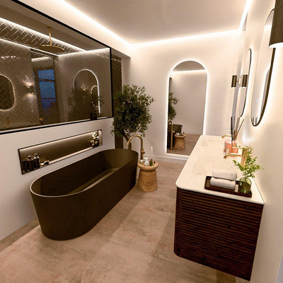 Mondiaz CIRO-DLUX Meuble de salle de bains - 180x45x50cm - plan-vasque solid surface Opalo - 2 vasques double - 2 perçages de robinet - 4 tiroirs - Noyer