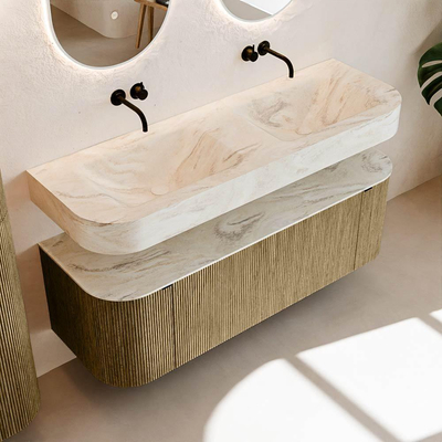 MONDIAZ THOR-DLUX 140cm meuble de salle de bains arrondi gauche + droite couleur Dusk avec 1 tiroir et 2 portes. Vasque suspendue CLOUD Double sans trou de robinet couleur Ostra.