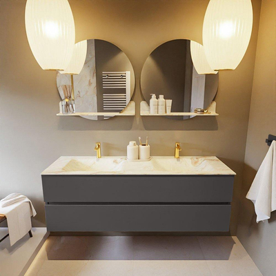 Mondiaz VICA-DLUX Ensemble de meuble de salle de bain - 150cm - meuble sous-vasque gris foncé - 2 tiroirs - lavabo encastré cloud double - 2 trous de robinet - version haute de 60cm - frape