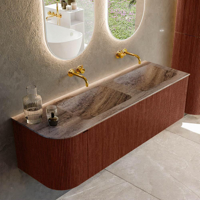MONDIAZ KURVE-DLUX meuble de salle de bains 145 cm arrondi à gauche couleur Ruby avec 1 tiroir et 1 porte. Lavabo LEAF Double / à droite sans trou de robinet Oza.