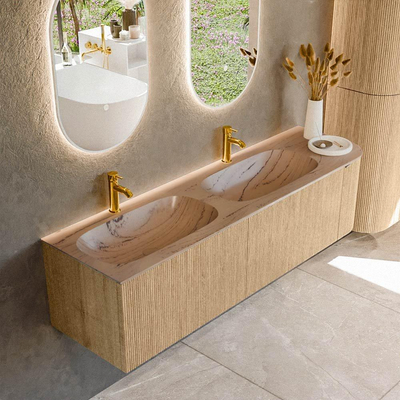 MONDIAZ KURVE-DLUX Meuble de salle de bains 165cm arrondi à droite couleur Chêne avec 2 tiroirs et 1 porte. Lavabo STOR SMALL Double / Gauche 2 trous de robinet Arena.