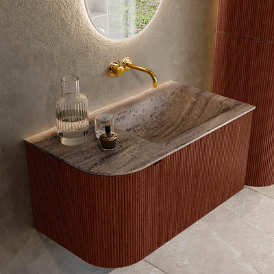 MONDIAZ KURVE-DLUX Meuble de salle de bains 85cm arrondi à gauche couleur Ruby avec 1 tiroir et 1 porte. Lavabo CLOUD à droite sans trou de robinet Oza.