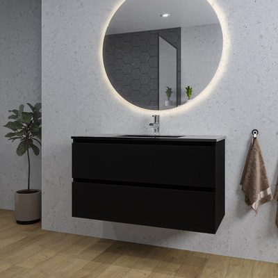 Adema Chaci Meuble salle de bain - 100x46x57cm - 1 vasque en céramique noire - 1 trou de robinet - 2 tiroirs - miroir rond avec éclairage - noir mat