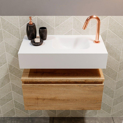 MONDIAZ ANDOR Toiletmeubel - 60x30x30cm - 1 kraangat - 1 lades - washed oak mat - wasbak rechts - Solid surface - Wit