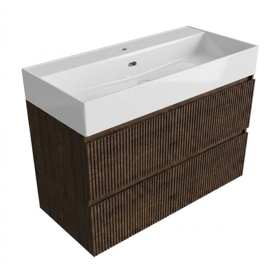 Saniclass Holz Atelier Ensemble meuble de salle de bains - 100x45x72cm - lavabo Legend en céramique blanc - 1 vasque - 1 trou de robinetterie - 2 tiroirs - chêne charcoal mat (bois)