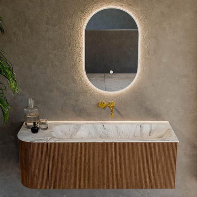 MONDIAZ KURVE-DLUX 125cm Meuble salle de bain avec module 25 G - couleur Walnut - 1 tiroir - 1 porte - vasque BIG MEDIUM droite - sans trou de robinet - couleur Glace