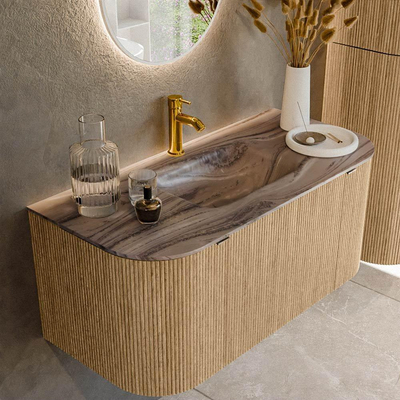 MONDIAZ KURVE-DLUX 100cm badmeubel ronding Links + Rechts kleur Oak met 1 lade en 2 deuren. Wastafel GRUNNE Midden 1 kraangat Sombra.