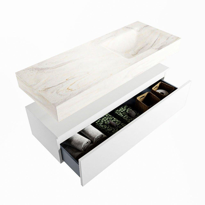 Mondiaz ALAN-DLUX Ensemble de meuble - 120cm - meuble Talc mat - 1 tiroir - Lavabo Cloud Ostra suspendu - vasque Droite - 1 trou de robinet