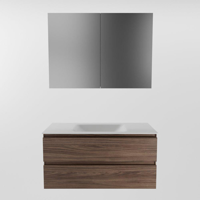 Mondiaz Aivy badmeubelset - 100x45x50cm - 0 kraangaten - 1 wasbak talc Solid surface - Midden - 2 lades - Met spiegelkast - Melamine Mocha