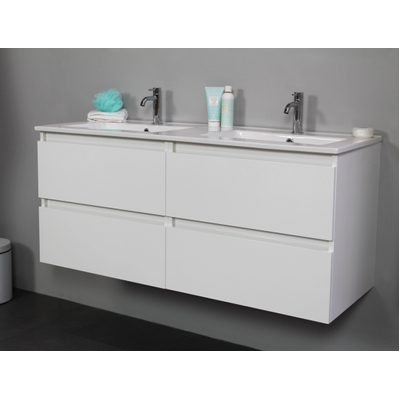 Basic Bella Meuble avec lavabo en porcelaine 2 trous de robinet 120x55x46cm avec armoire toilette à 2 portes gris Blanc brillant