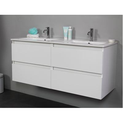 Basic Line Bella Badkamermeubelset - 120x55x46cm - 2 wasbakken - Keramiek - Wit - 2 kraangaten - Wandspiegel zonder verlichting - Melamine Wit hoogglans