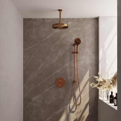 BRAUER Stripe Thermostatische Inbouw Regendouche - 3-weg - rond - SET 48 - 25cm douchekop - plafondarm - 3-standen handdouche - doucheslang - geïntegreerde glijstang - koper geborsteld PVD