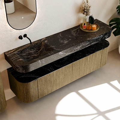 MONDIAZ THOR-DLUX Meuble de salle de bains 180cm arrondi gauche + droite couleur Dusk avec 2 tiroirs et 2 portes. Vasque suspendue CLOUD Gauche sans trou de robinet couleur Lava.