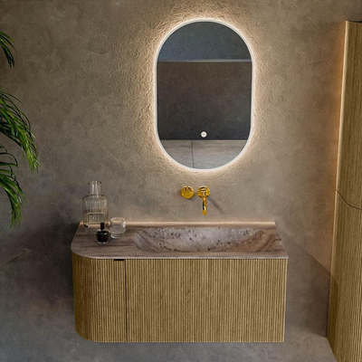 MONDIAZ KURVE-DLUX Meuble de salle de bains 95cm arrondi à gauche couleur Dusk avec 1 tiroir et 1 porte. Lavabo BIG SMALL à droite sans trou de robinet Oza.