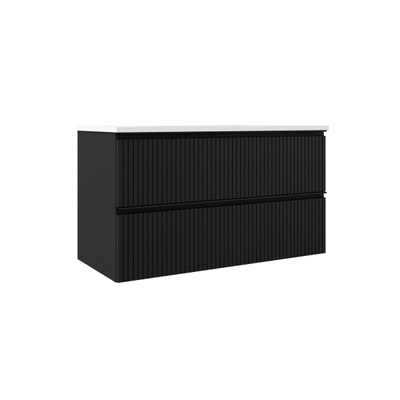 Saniclass Prime Blend Meuble de salle de bain - 100x55x46cm - 1 vasque rectangulaire en céramique blanc - 1 trou de robinet - 2 tiroirs - miroir rectangulaire - noir mat