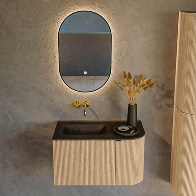 MONDIAZ KURVE 75cm badmeubel met module 25 R kleur Oak met 1 lade en 1 deur. Wastafel GRUNNE links zonder kraangat Urban.
